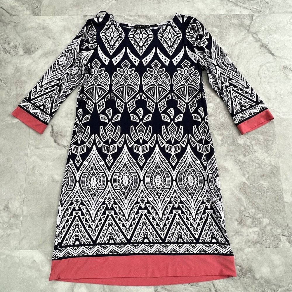 Tiana B Black 3/4 Sleeve‎ Dress Size 10 Medium M Blue and Pink White Dot